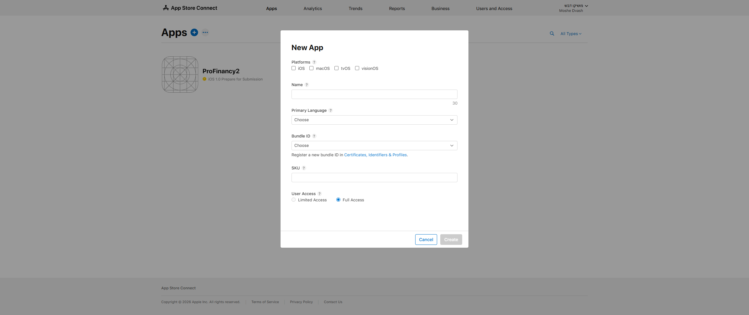 Create New App in App Store Connect